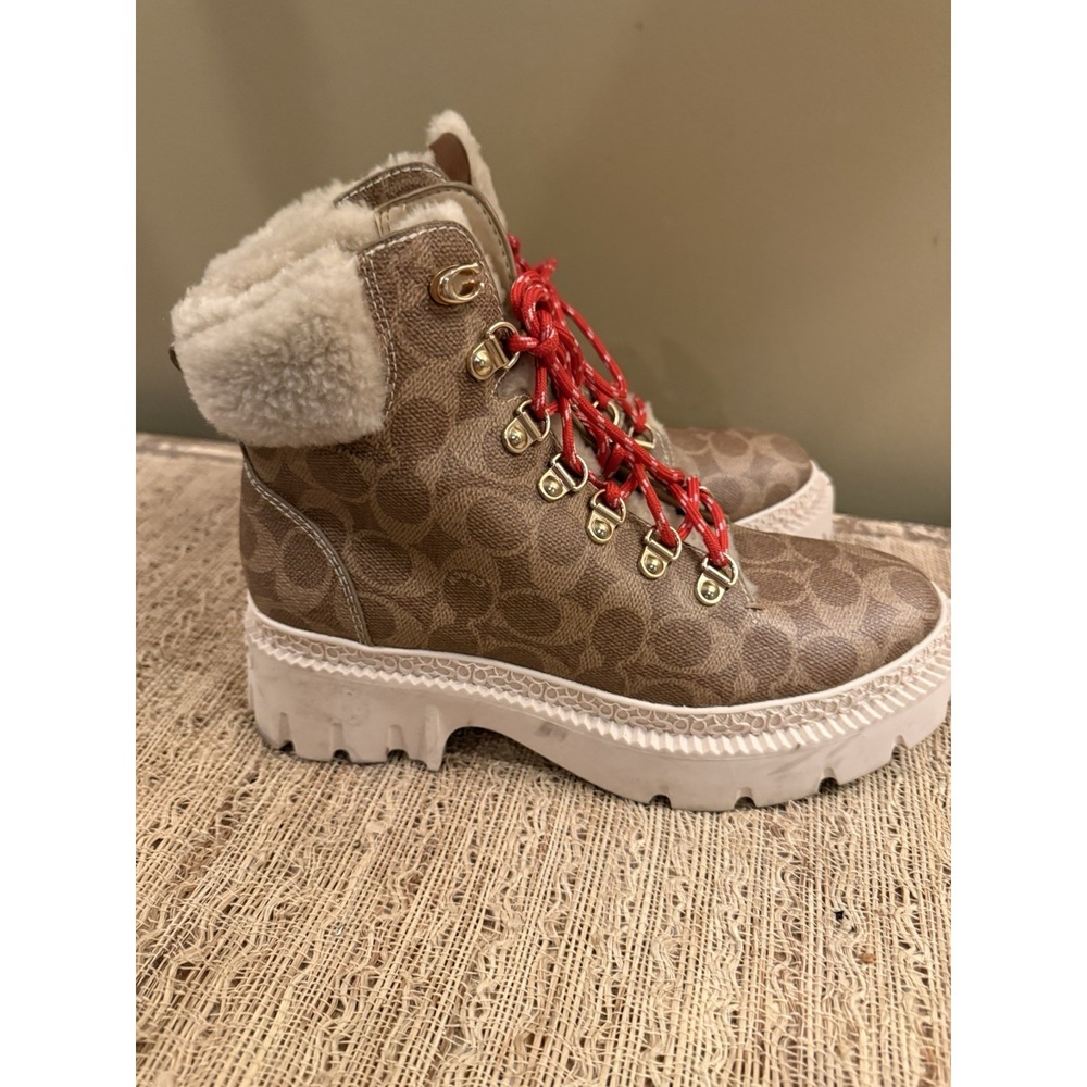 Coach Janel Signature Logo Print Shearling Accent Lug Sole Hiker Booties Sz-8.5 - Picture 3 of 14